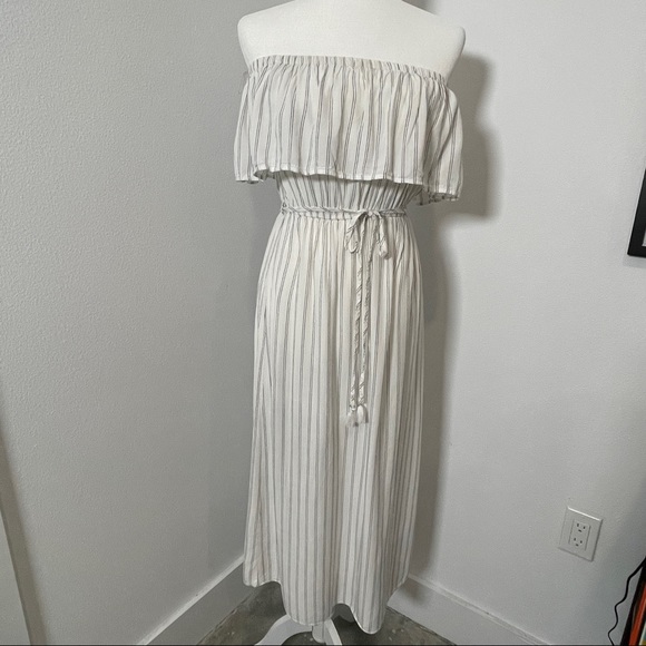 [AQUA] WHITE STRIPED RUFFLE OFF-SHOULDER DRESS W/ TIE-WAIST & SLIT - Picture 1 of 6